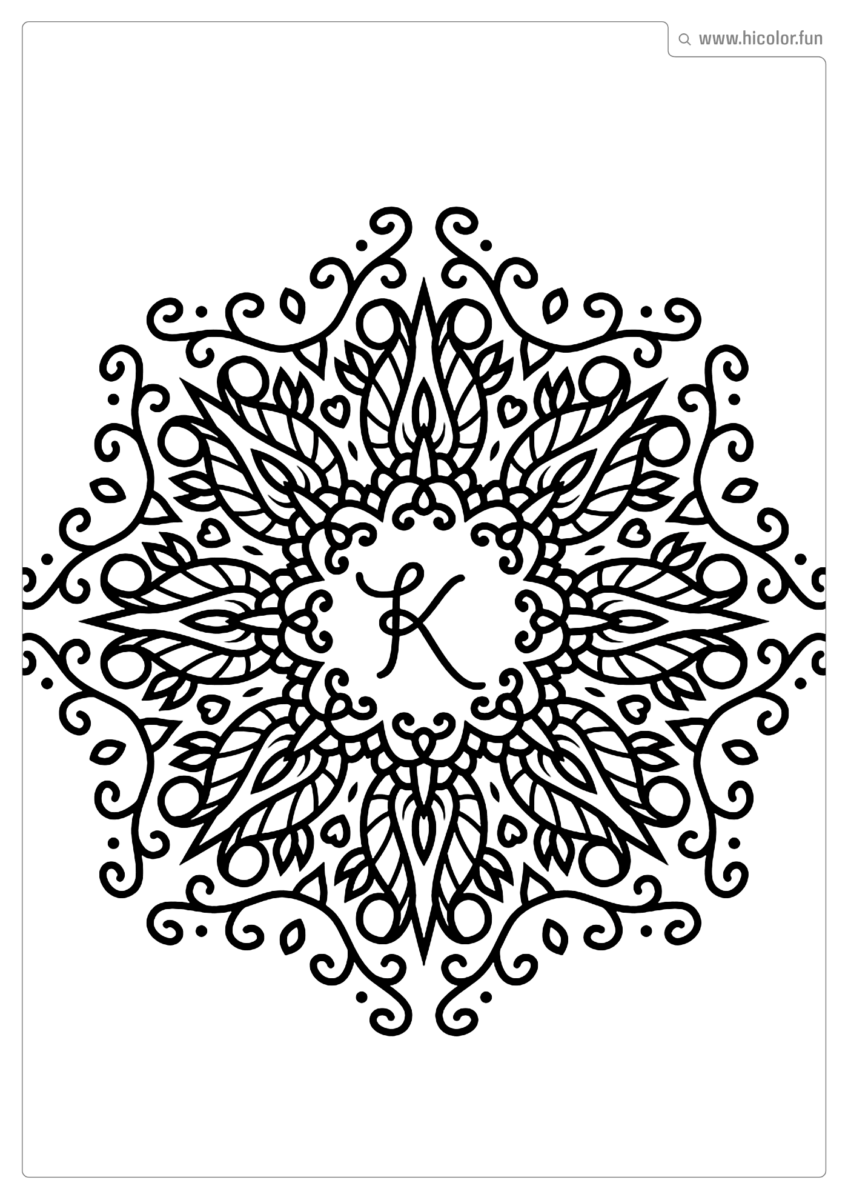 LETRA K PARA PINTAR E IMPRIMIR MANDALA ARABESCO