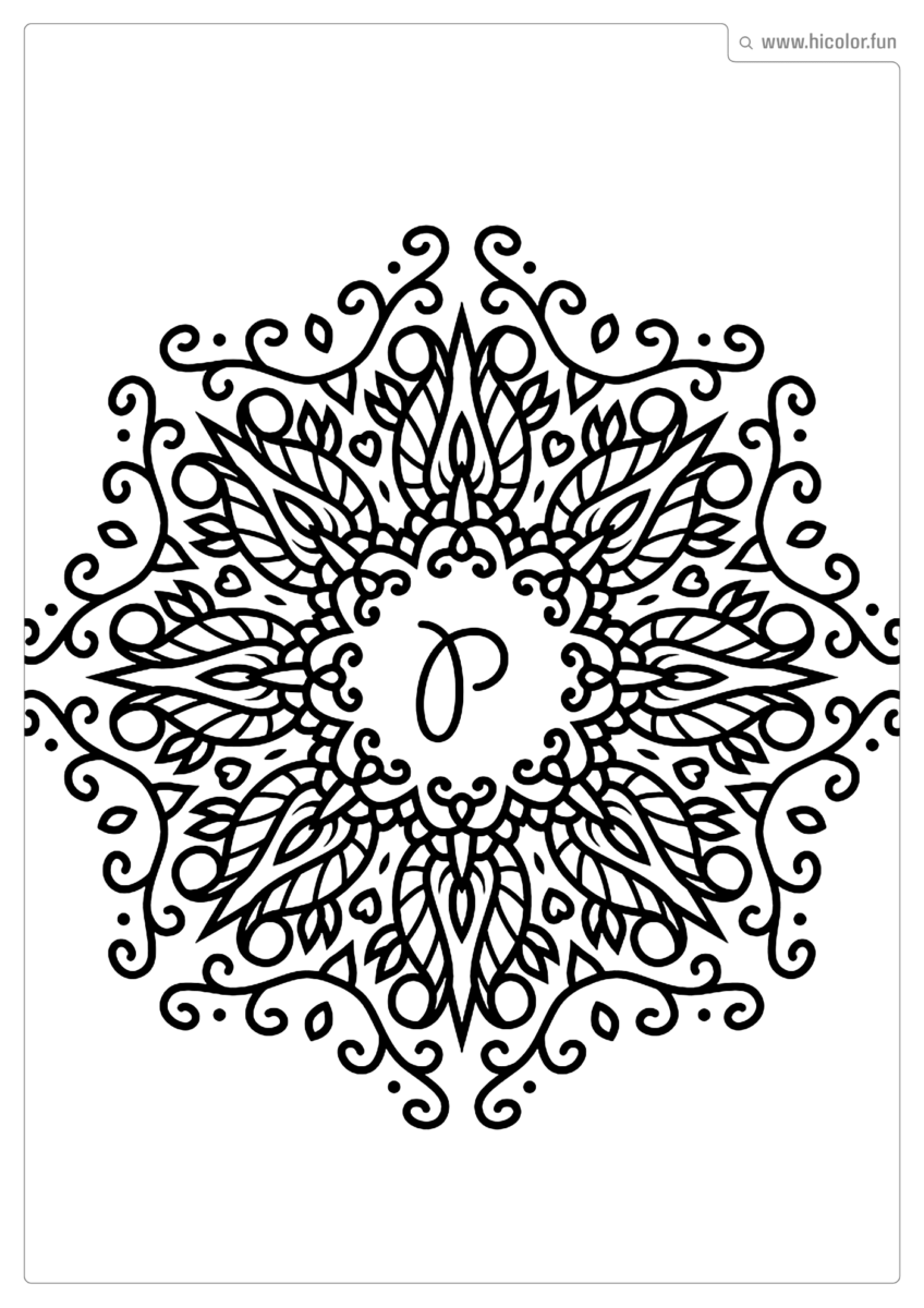 LETRA P PARA PINTAR E IMPRIMIR MANDALA ARABESCO