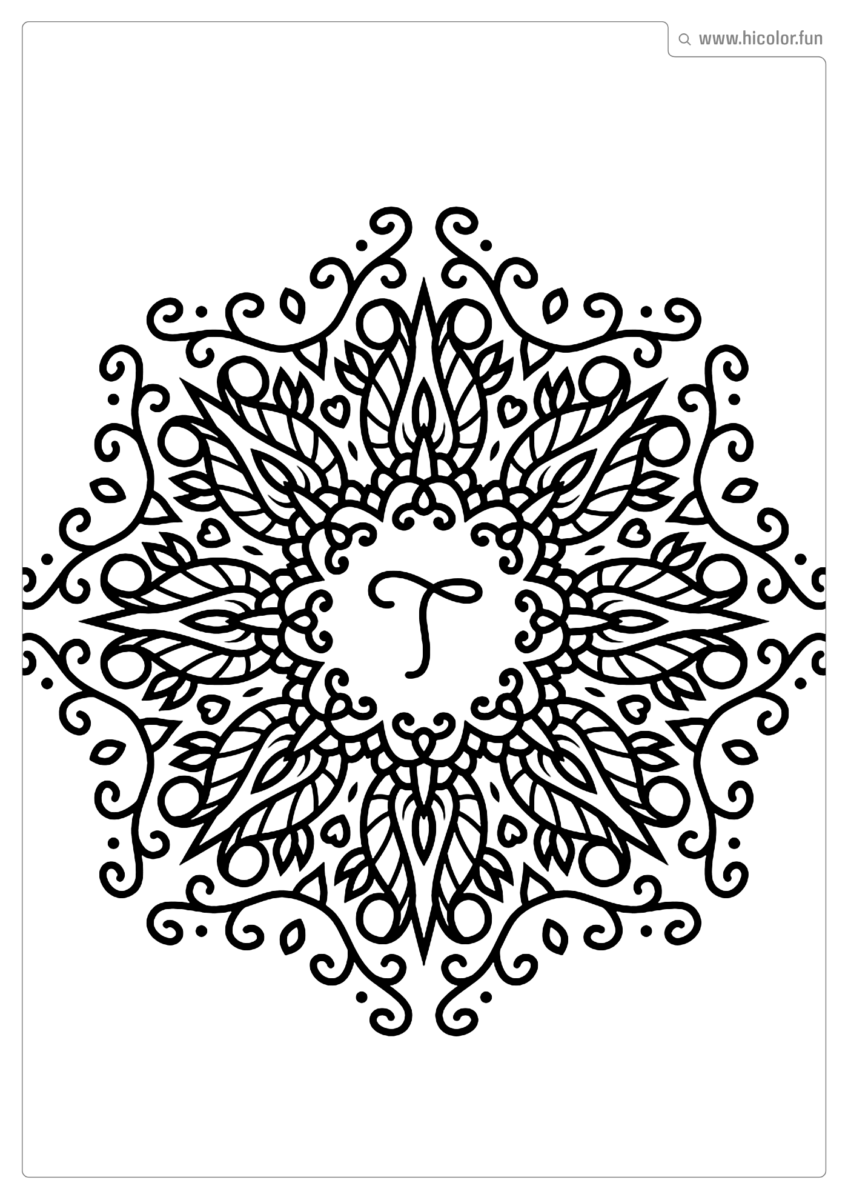 LETRA T PARA PINTAR E IMPRIMIR MANDALA ARABESCO