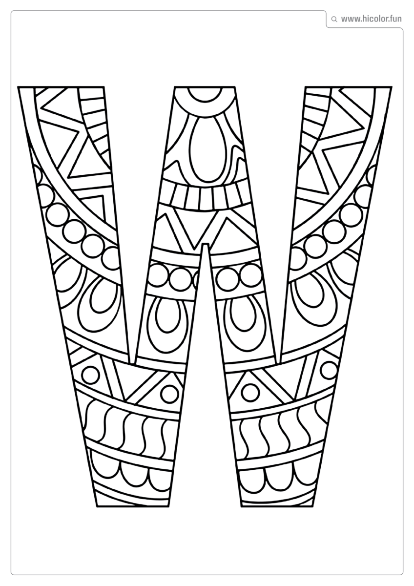 LETRA W PARA COLORIR E IMPRIMIR MANDALA